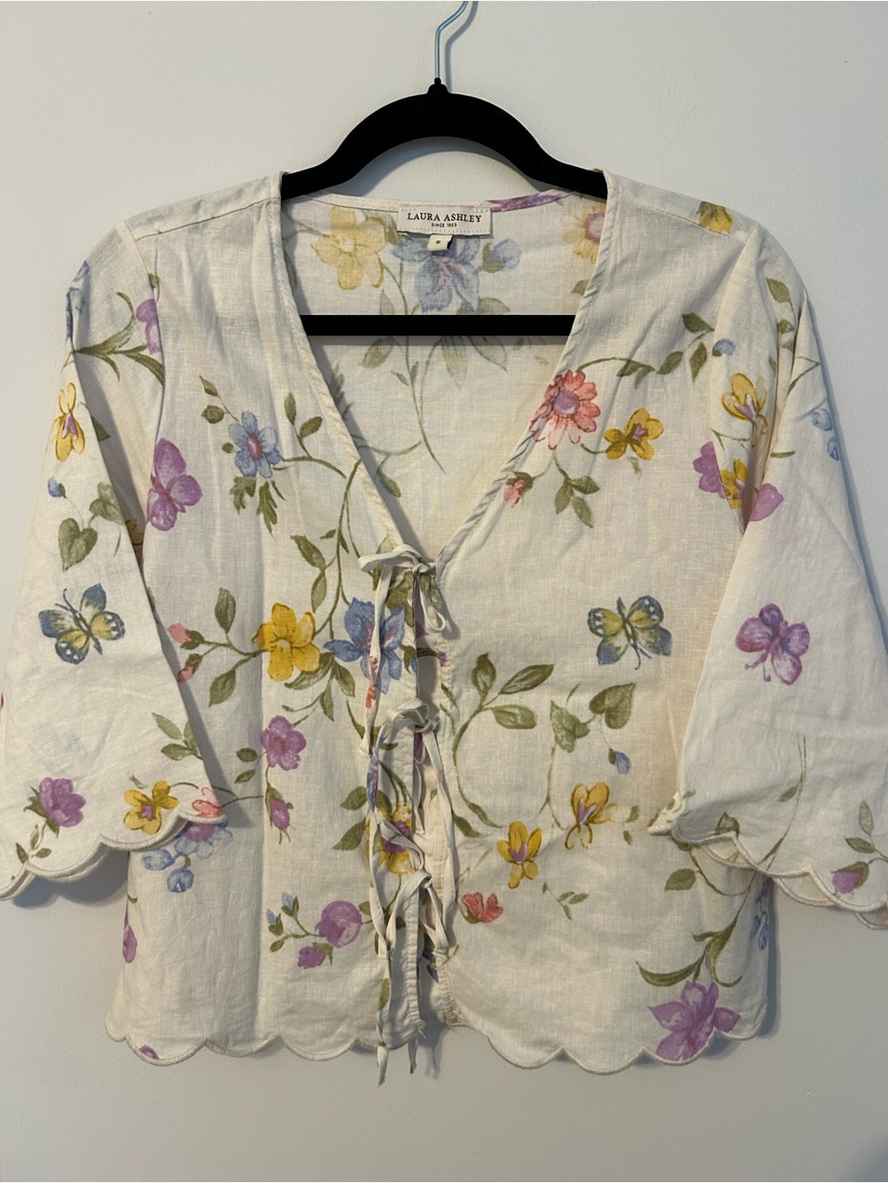 Laura Ashley Cream Floral Lace-Up Linen Blouse